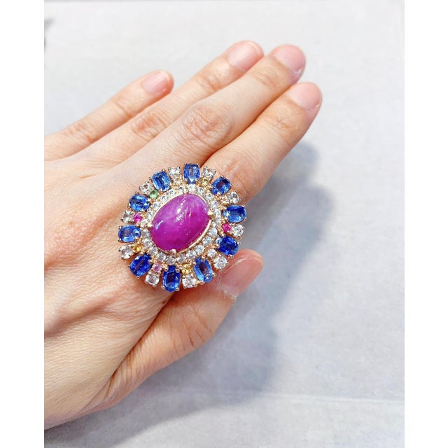 Bochic Vintage Ruby, Tanzanite & Fancy Sapphire Candy Ring Set 18K Gold & Silver For Sale - Image 4 of 18