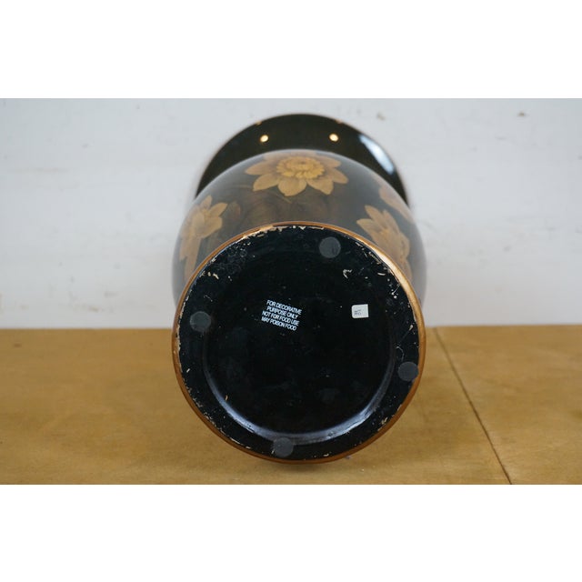 Black Vintage Chinese Black & Gold Lacquered Chinoiserie Lotus Flower Vase For Sale - Image 8 of 10