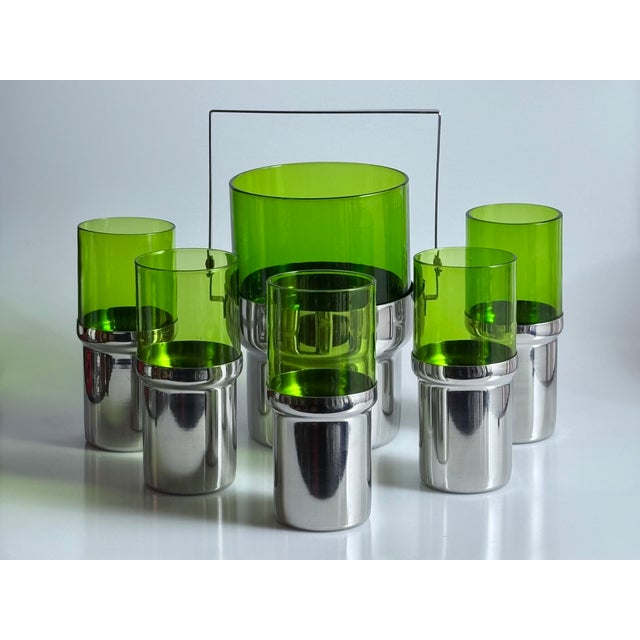 Glass and Stainless Steel Ice Bucket and Glasses from Pran, Italy, 1970s, Set of 6 For Sale - Image 3 of 14