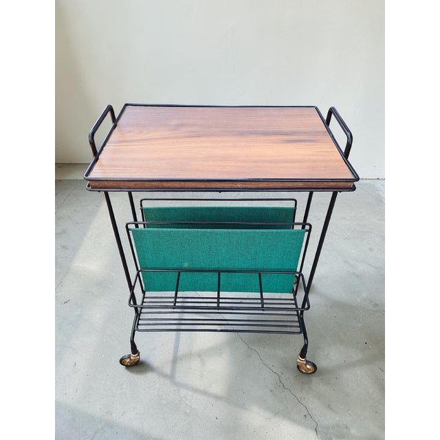Mid-Century Modern Side Table with Magazine Rack on Casters in Metal and Veneer, 1960s For Sale - Image 3 of 11