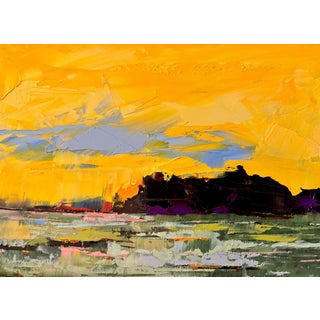 Evening's Glow by Sandra Pratt | Oil on Panel Landscape with sunset over water and silhouette of hills For Sale