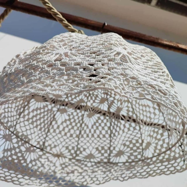 Metal Cage Chandelier with Vintage Embroidery For Sale - Image 5 of 8