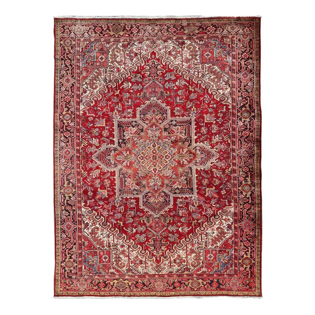 Vintage Heriz With Geometric Diamond Design in Reds, Ivory, Blue, Light Yellow Green & Charcoal For Sale