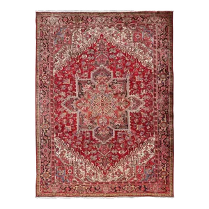 Vintage Heriz With Geometric Diamond Design in Reds, Ivory, Blue, Light Yellow Green & Charcoal
