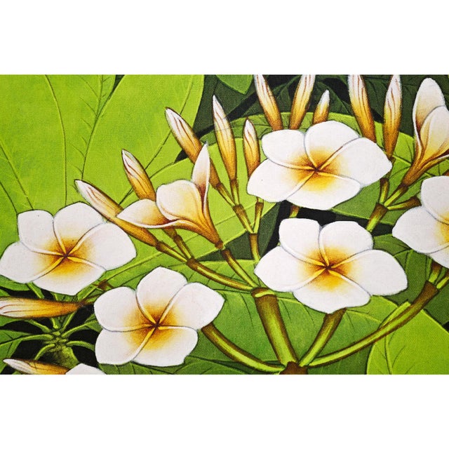 Indian Flora Fauna Birds & Plumeria Acrylic on Canvas Painting For Sale - Image 3 of 4