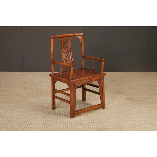 Pair of Qing Dynasty Chinese Horseshoe-Back Armchairs in Carved Elmwood For Sale - Image 15 of 18