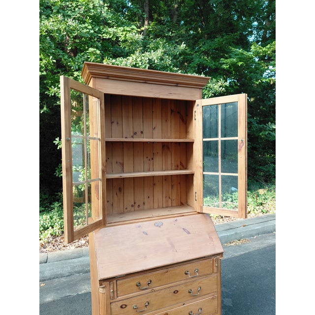 Mid 20th Century Vintage Country Pine Secretary Desk With Glass-Front Bookcase For Sale - Image 5 of 12