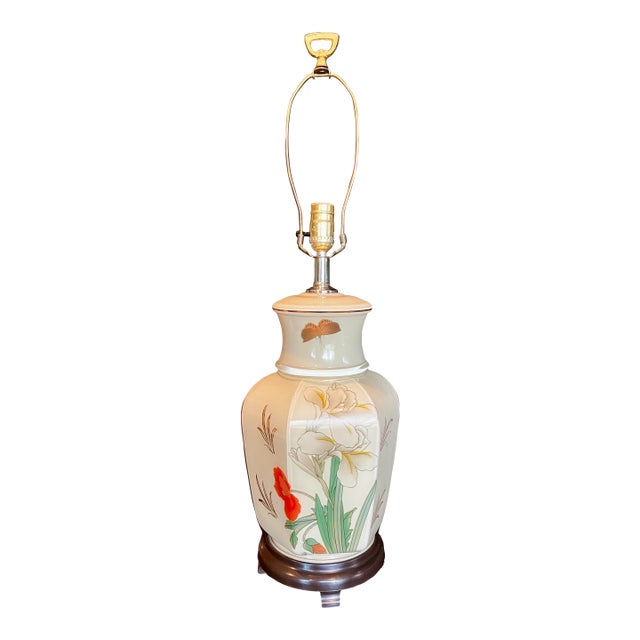 Vintage Asian-Inspired Ceramic Table Lamp With Floral Motif For Sale