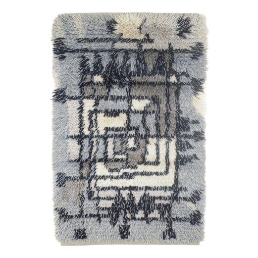 Scandinavian Wool in Black, Grey, and Cream Tones Rya Rug, 1960s For Sale