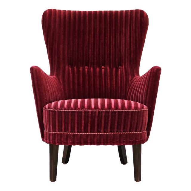 Vintage Danish Chair in Cherry-Red Furniture Velour, 1960s For Sale
