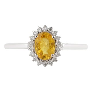 Oval Yellow Sapphire & Diamond Halo Vintage Ring in 14k White Gold Size 6 For Sale