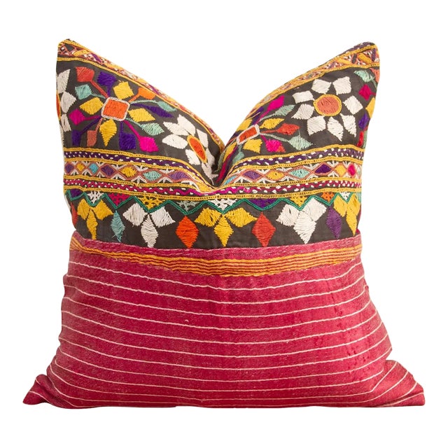 Small Tribal Antique Mashru Square Pillow For Sale