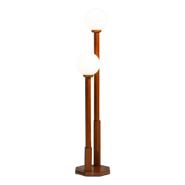 20th Century France Rich Walnut Brown Double-Globe Floor Lamp For Sale