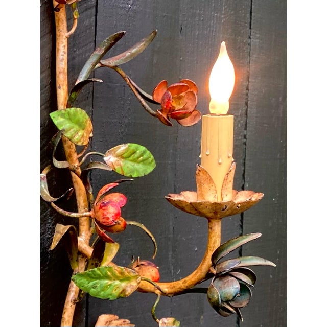 Vintage Italian Hand Painted Hand Crafted Tole Wall Sconces - a Pair For Sale - Image 9 of 18