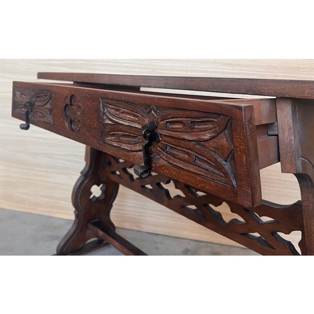 19th Pair of Solid Walnut Baroque Lyre-Leg Trestle Nightstands With Drawer For Sale - Image 10 of 11