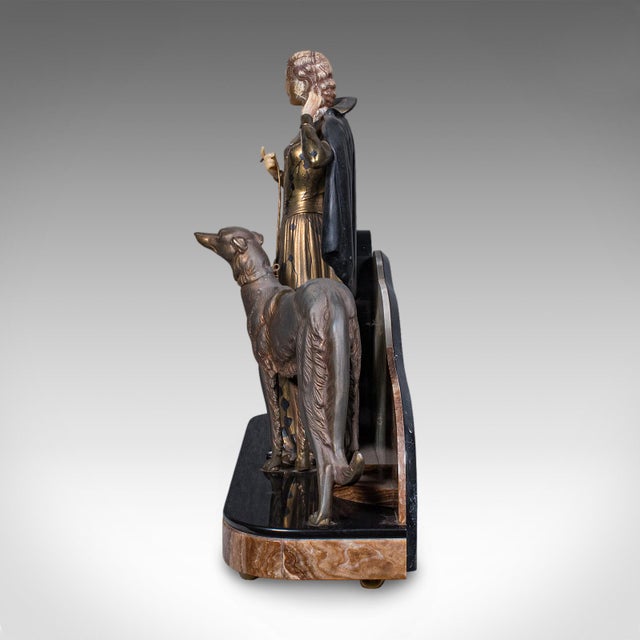 Large Vintage Figural Mantle Clock, French, Onyx, Pair of Garnitures, Art Deco For Sale - Image 4 of 12