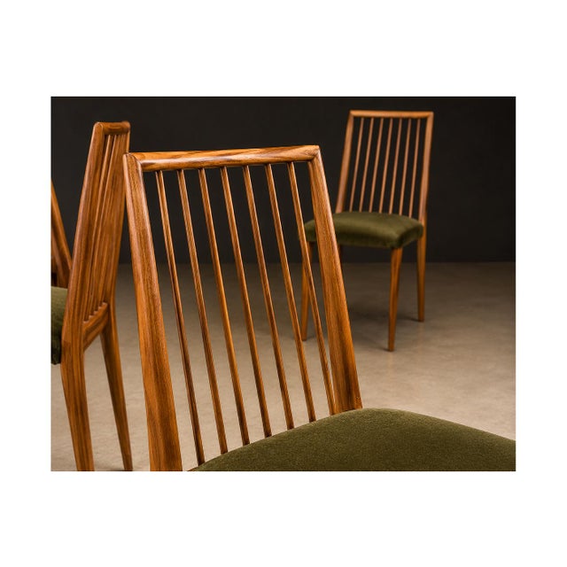 Mid-Century Modern Rare Set of Six Dining Chairs by Joaquim Tenreiro in Caviúna Wood & Olive Green Mohair, Brazil, 1950s For Sale - Image 3 of 16