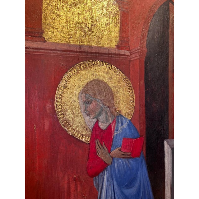Wood Italian Artist, Renaissance Style Annunciation, Tempera on Giltwood Panel For Sale - Image 7 of 10