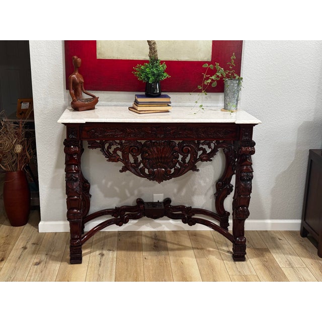 Victorian 1990s Victorian Hand Carved Wood and Limestone Console Table For Sale - Image 3 of 12