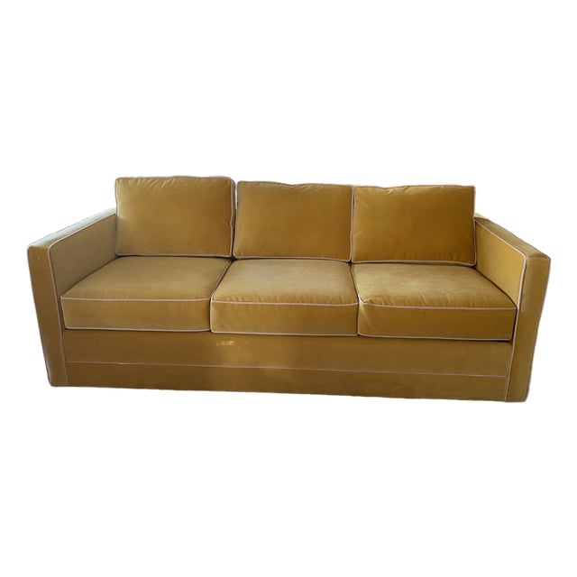 Contemporary Yellow Velvet Sofa With Contrast Piping. For Sale