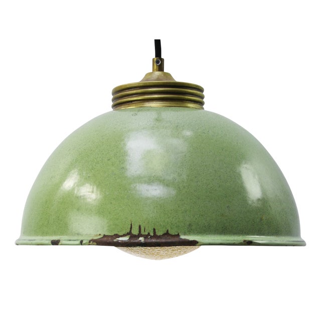 Vintage Brass and Enamel Pendant Light with Frosted Glass For Sale