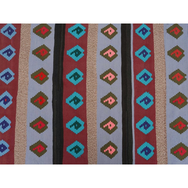 1970s 1970s Vintage Handmade Wool Cotton Red Blue Runner Rug For Sale - Image 5 of 11