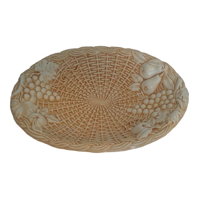 1960s Italian Oval Platter Fruit Decor Basket Weave the Ceramics of Bassano Del Grappa For Sale