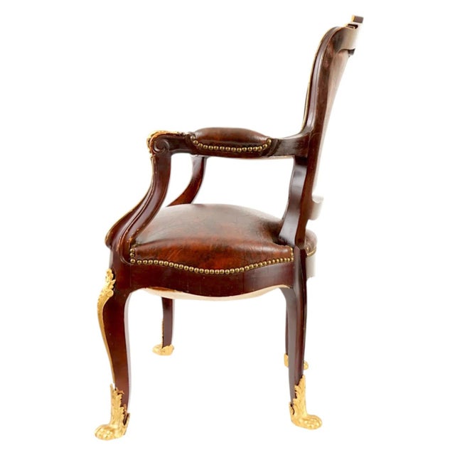 Bronze French Francois Linke Style Ormolu and Wood Leather Armchair For Sale - Image 8 of 18