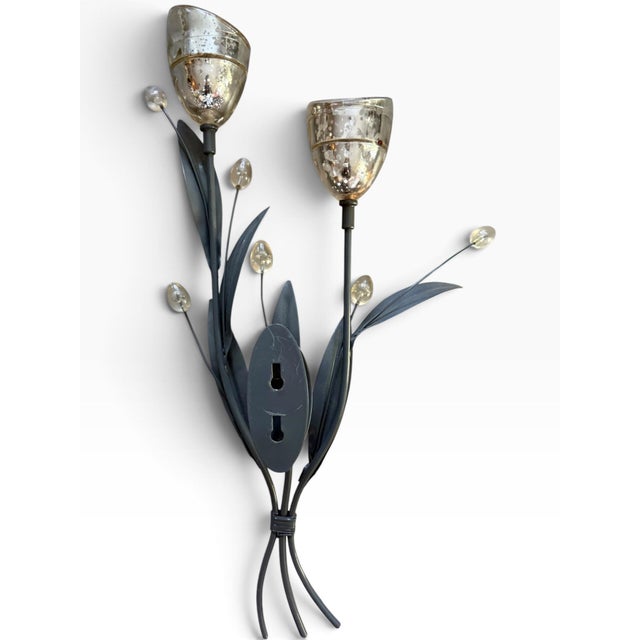 Mid 20th Century Vintage Botanical Metal & Glass Wall Sculpture | Floral Candle Holder For Sale - Image 5 of 6