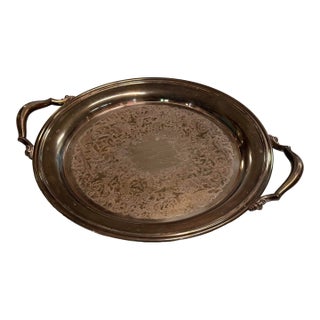 Silverplate Engraved Round Handled Tray, Vintage For Sale