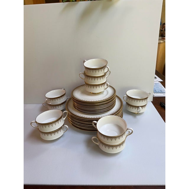 1990s Paragon"ATHENA" Pattern 31pc Dinner Set White and Gold Colors With Banded Border Gold Scrollwork For Sale - Image 9 of 16