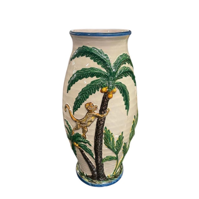 Ceramic Whimsical Italian Relief Ceramic Monkey & Palm Tree Vase For Sale - Image 7 of 9