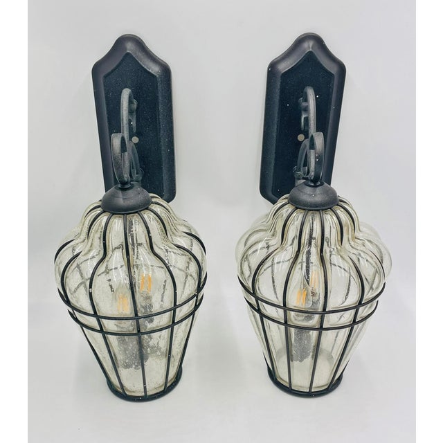 2000 - 2009 Pair Murano Style Outdoor Wall Sconces Caged Glass Lanterns, March 2001 For Sale - Image 5 of 18