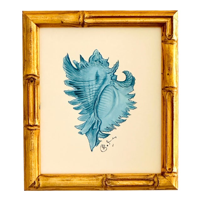 Original Hand-Painted Blue Seashell Painting, Framed For Sale