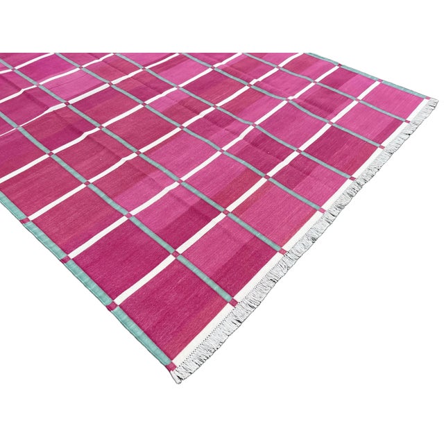 Handmade Cotton Natural Vegetable Dyed Raspberry Pink Cream & Green Windowpane Checked Rug - 5'x7' For Sale - Image 6 of 10
