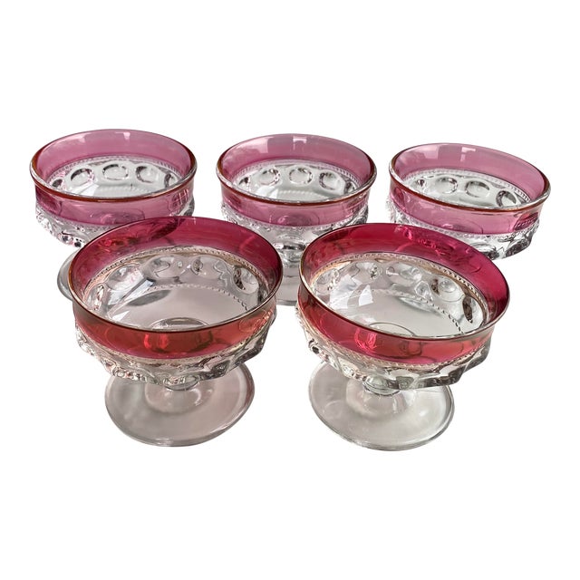Faceted Flashed Cranberry Thumbprint Coupe Glasses - Set of 5 For Sale