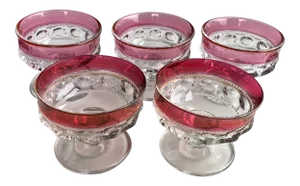 Faceted Flashed Cranberry Thumbprint Coupe Glasses - Set of 5