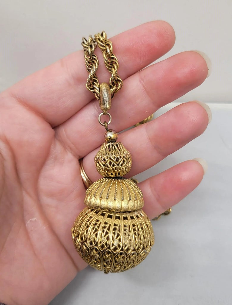 Vintage 1960s Signed Monet Goldtone Filigree Ball Pendant  VTG Monet Bolero Brushed Gold Filigree Ball Drop Pendant Necklace main image 1