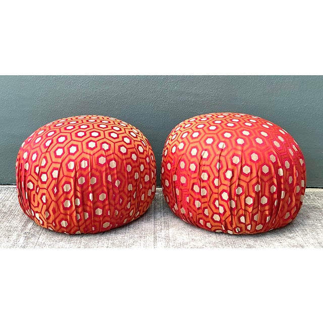 Wood Vintage Geometric Fabric Poufs - Pair For Sale - Image 7 of 12