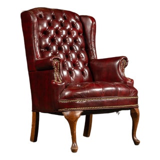 Vintage Tufted Leather Wingback Chesterfield Armchair in Oxblood For Sale