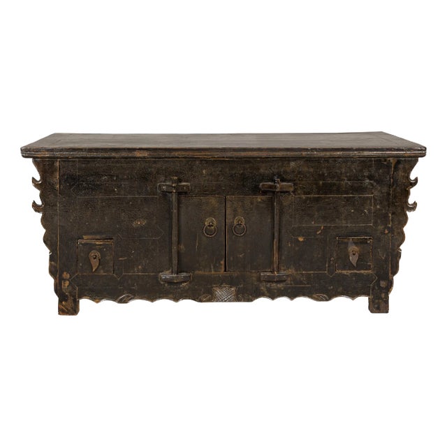 Low Kang Carved Sideboard with Brown Distressed Finish and Two Small Doors For Sale