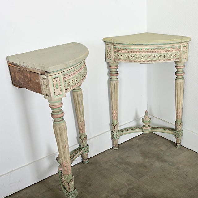 Early 20th Century French Pair of Louis XVI Style Corner Demilunes For Sale - Image 13 of 15