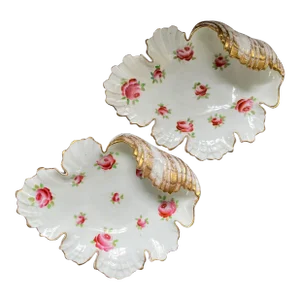 Antique 19th Century English Porcelain Rococo Shell Shape Leaf Dishes With Hand Painted Rose Sprig - a Pair