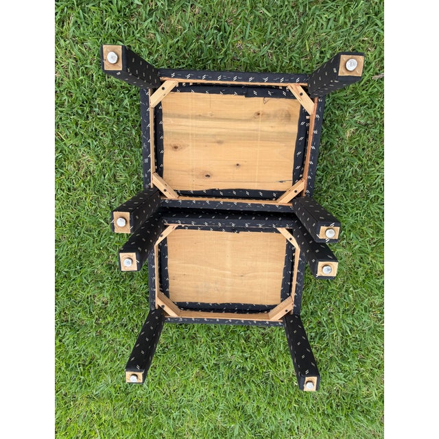 Black Vintage Parsons Style Black Upholstered Ottomans With Geometric Dash Fabric, a Pair For Sale - Image 8 of 11