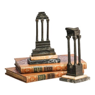 Lovely Pair Antique Small Miniature Bronze Roman Temple Models, Grand Tour Vespasian Castor Pollux Marble Base Neoclassical For Sale