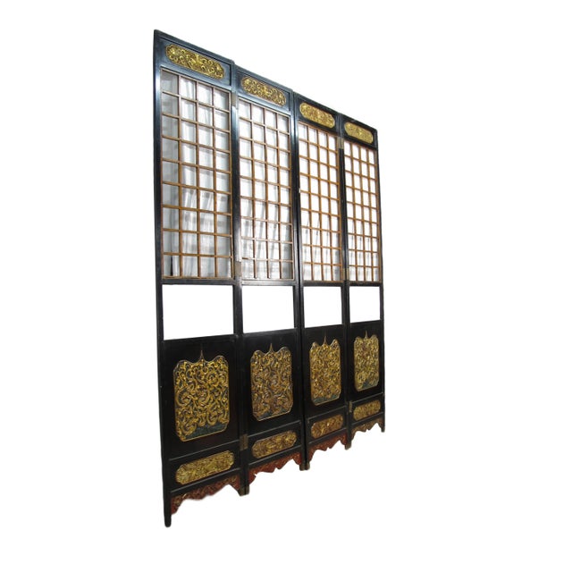Early 20th Century Antique Chinese Room Divider W Hand Carved & Gilded Dragons on Both Sides - Set of 4 For Sale - Image 5 of 13