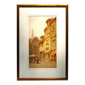 "Morlaix, August 1932" Village Scene Original Watercolor Painting, Framed