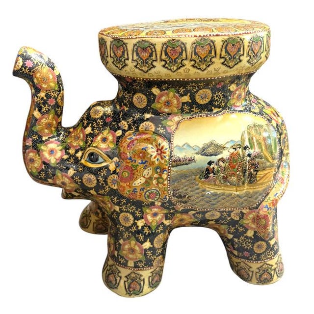 A vibrant and beautifully detailed Satsuma-style ceramic elephant garden stool from the 1970s Chinese Republic period....