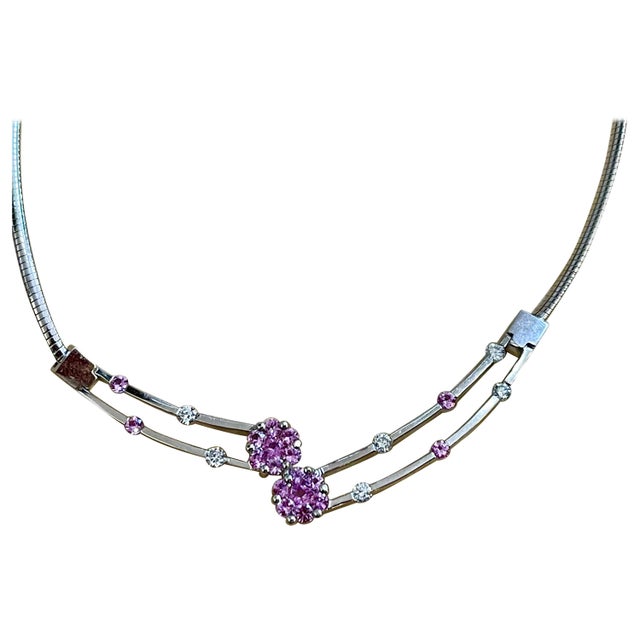 14 Karat White Gold Omega Necklace with Pink Sapphire and Diamonds, Italy For Sale - Image 15 of 18