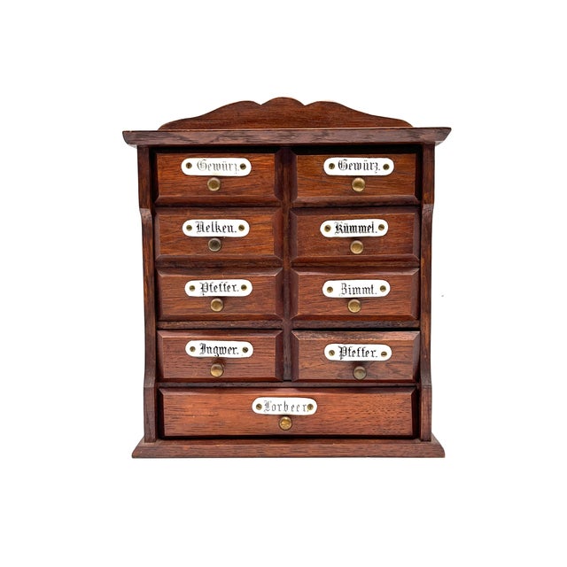 Antique Miniature Wooden Spice Cabinet with Porcelain Labels and 9 Drawers, 1960s For Sale - Image 14 of 14